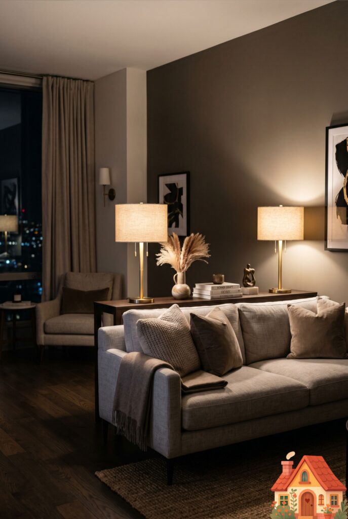 An ultra-soothing apartment living room at night. Behind the sofa sits a slim console table featuring two perfectly symmetrical, modern brass table lamps with linen shades. They cast a warm, balanced, identical glow. Symmetrical composition, high-end calm aesthetic.