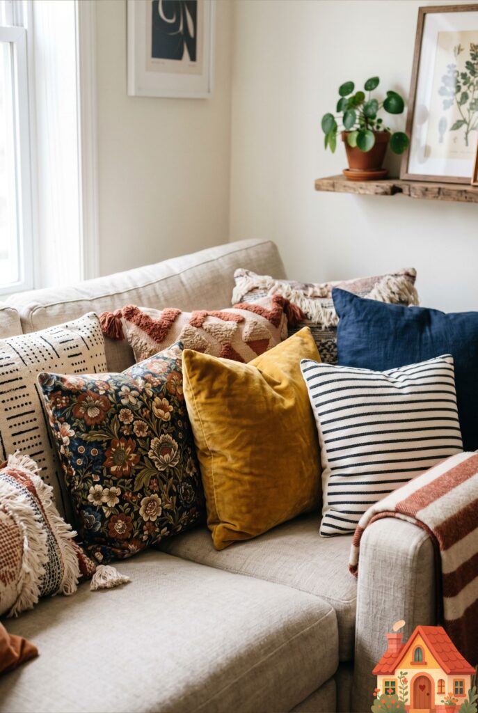 A close-up of a neutral apartment sofa heavily layered with an eclectic mix of throw pillows. A vintage floral pattern sits next to a bold mustard-yellow velvet pillow, alongside a classic black-and-white stripe. Bold, creative, highly textured interior styling.
