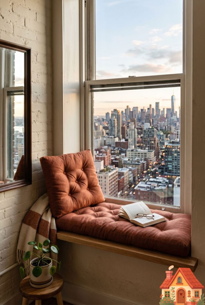 A clever apartment hack showing a deep apartment window fitted with a secure wooden shelf acting as a window seat. It features a custom French-tufted linen cushion in rust color and a small open book. A view of a city skyline outside. Intimate, cozy, architectural photography.