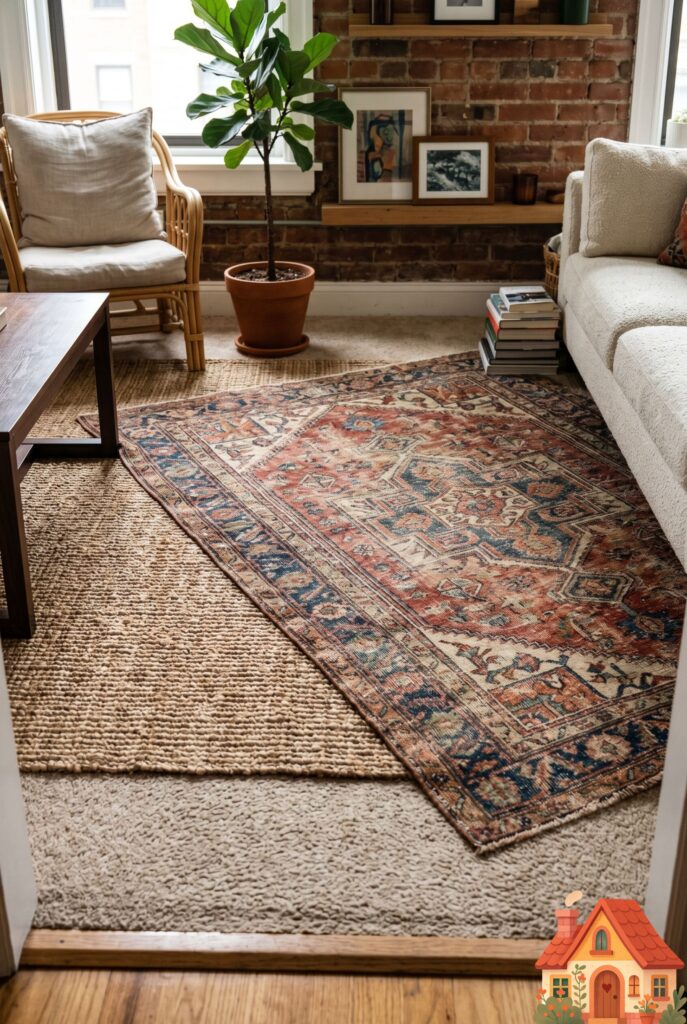 A low-angle shot of a living room floor. A large, natural woven jute rug serves as the base layer over basic apartment carpeting. Layered diagonally on top is a beautifully faded, deeply colorful vintage Turkish rug. Highly textured, eclectic, lived-in aesthetic.