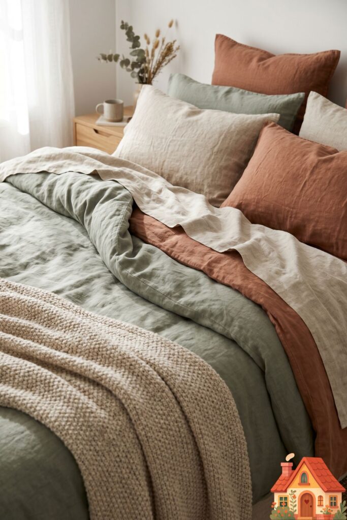 Close-up interior shot of a deeply inviting guest bed heavily layered with organic linen sheets in muted tones of sage, clay, and oatmeal. The bedding is perfectly rumpled, showing the rich texture of the fabric. Soft morning light, luxurious and incredibly cozy Pinterest aesthetic