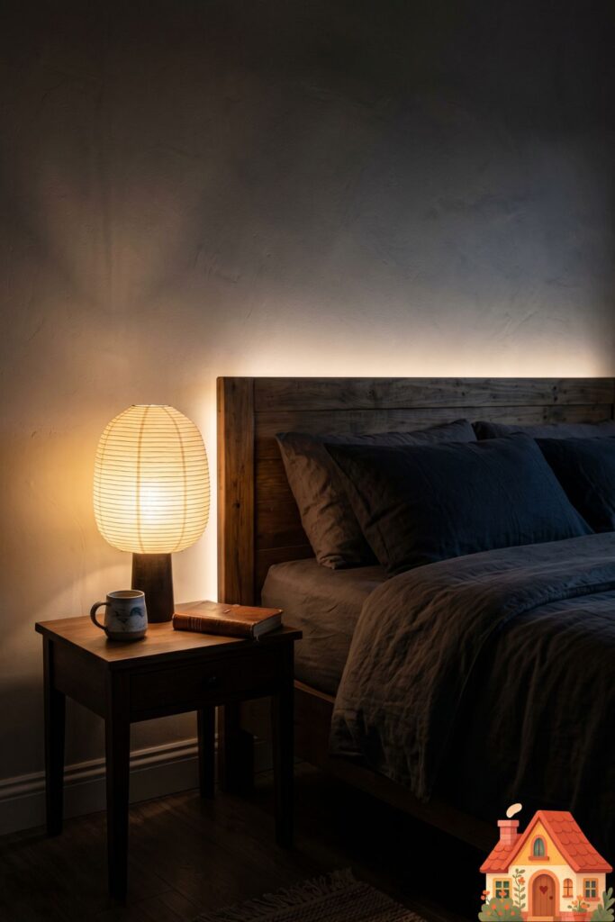 A moody, atmospheric guest bedroom at night. The room is illuminated entirely by strategic ambient lighting: a glowing, paper-shade table lamp on the nightstand and soft backlight behind a wooden headboard. Warm 2700K lighting, cinematic shadows, highly romantic and restful space.