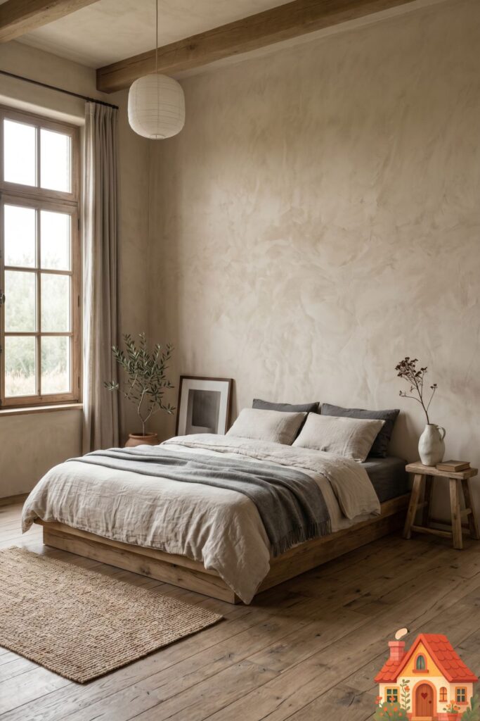 Professional architectural photography of a minimalist guest bedroom. The walls are finished in a beautifully textured, warm beige limewash plaster. A low-profile platform bed sits in the center. Soft, diffused natural light filtering through a window, wabi-sabi aesthetic, 8k resolution, serene and deeply calming.
