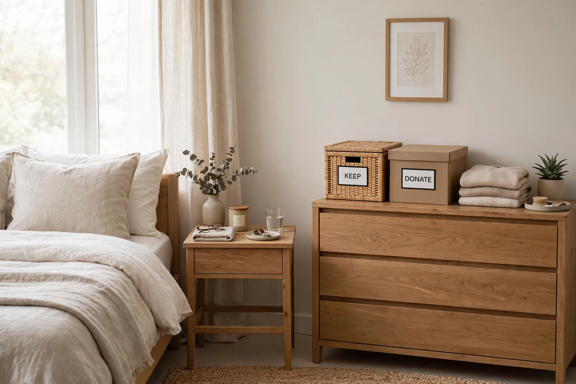 Tidy, decluttered bedroom with clear surfaces and calm neutral styling