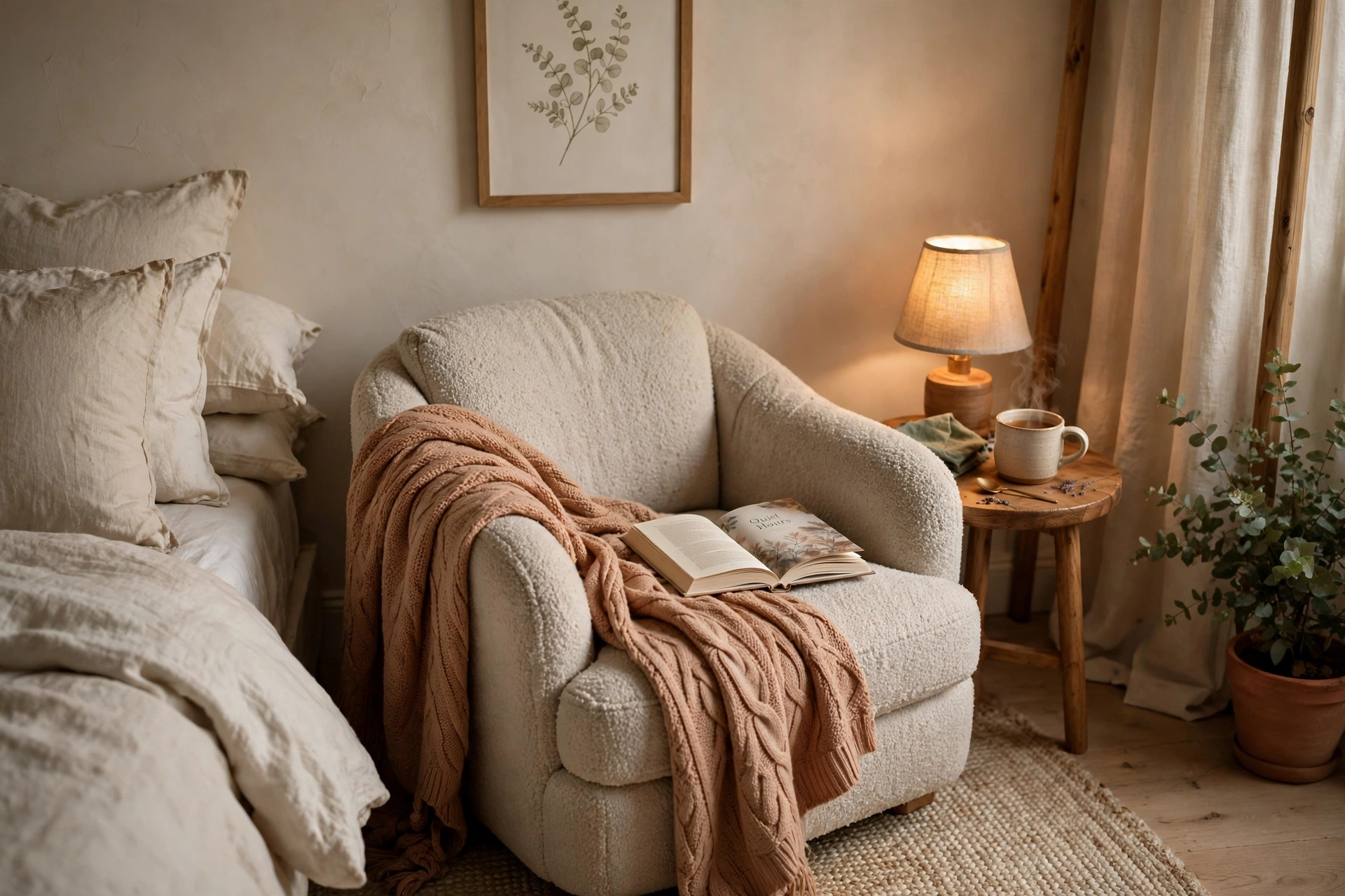 Cosy bedroom comfort corner with an armchair, soft lighting and a warm throw