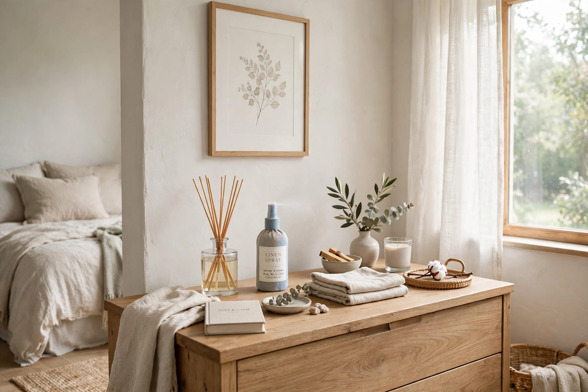 Peaceful bedroom with a scented candle and calming details for better sleep