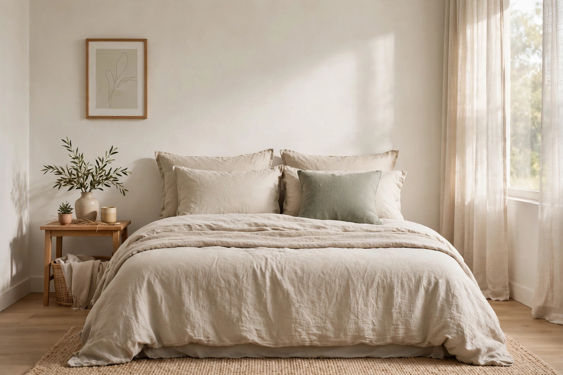 Serene bedroom in a calm, restful colour palette of warm whites and soft neutrals