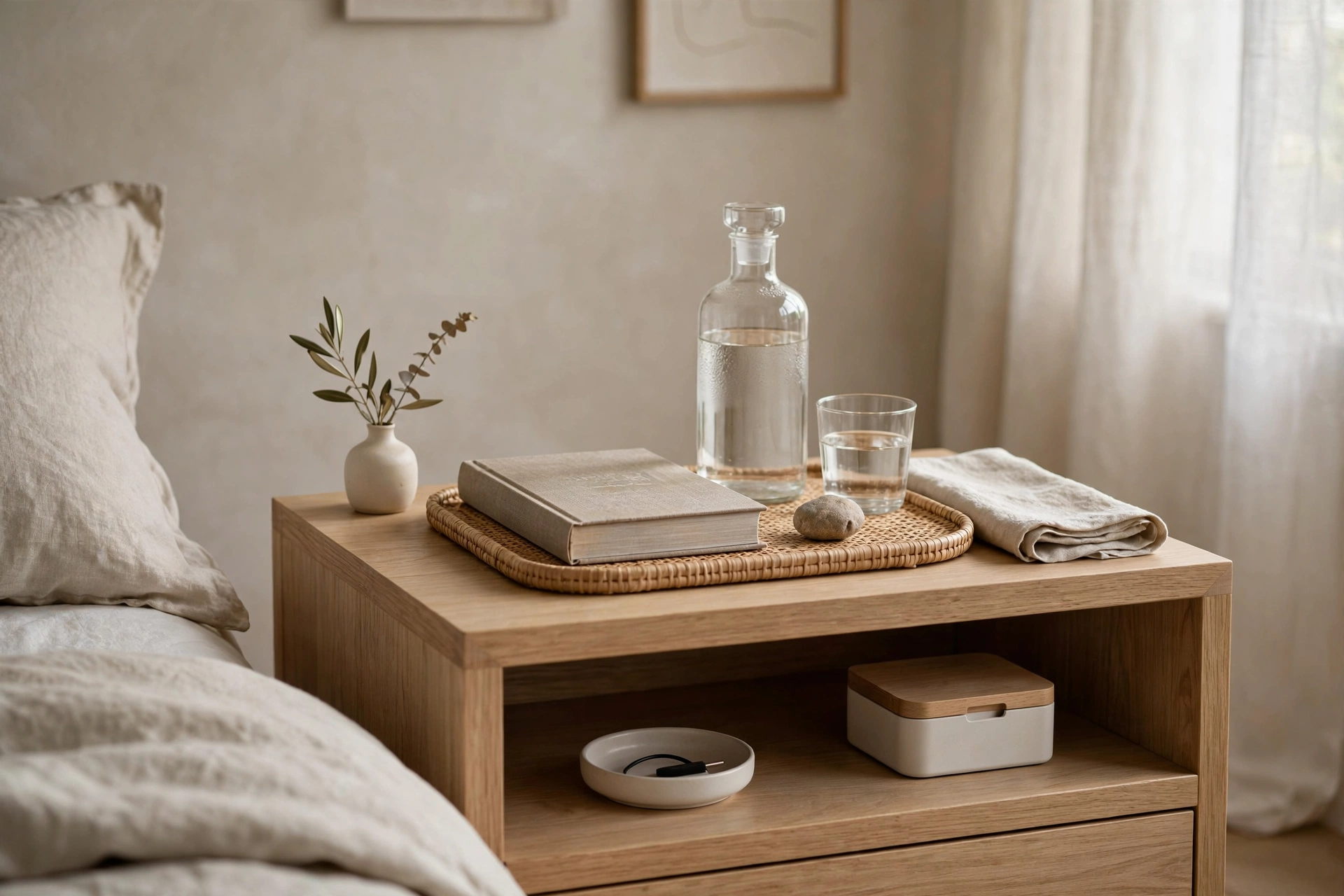 Well-organised bedside table with a lamp, books and a small vase of eucalyptus