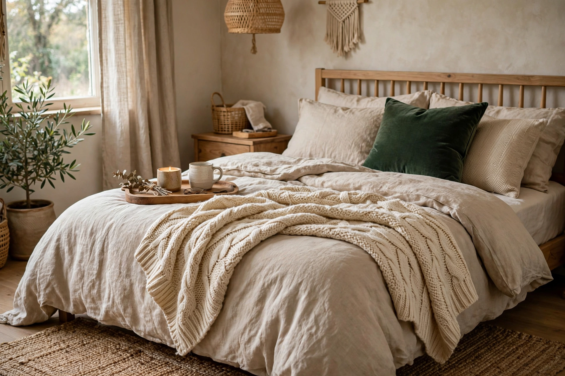 Cosy bedroom layered with soft textures including knit throws, linen and a woven rug