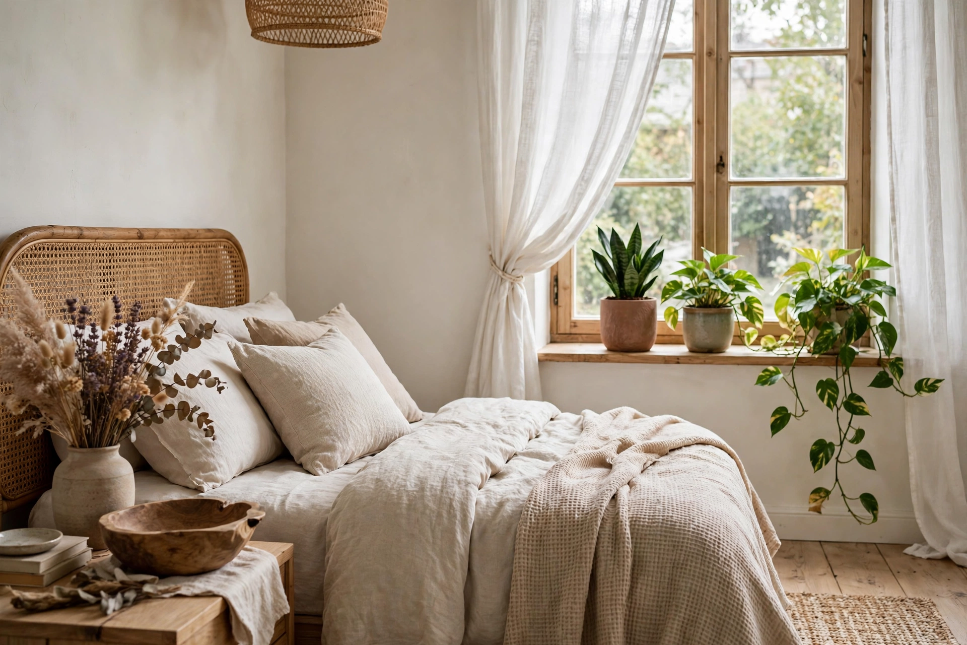 Bedroom styled with natural touches including houseplants and wooden accents