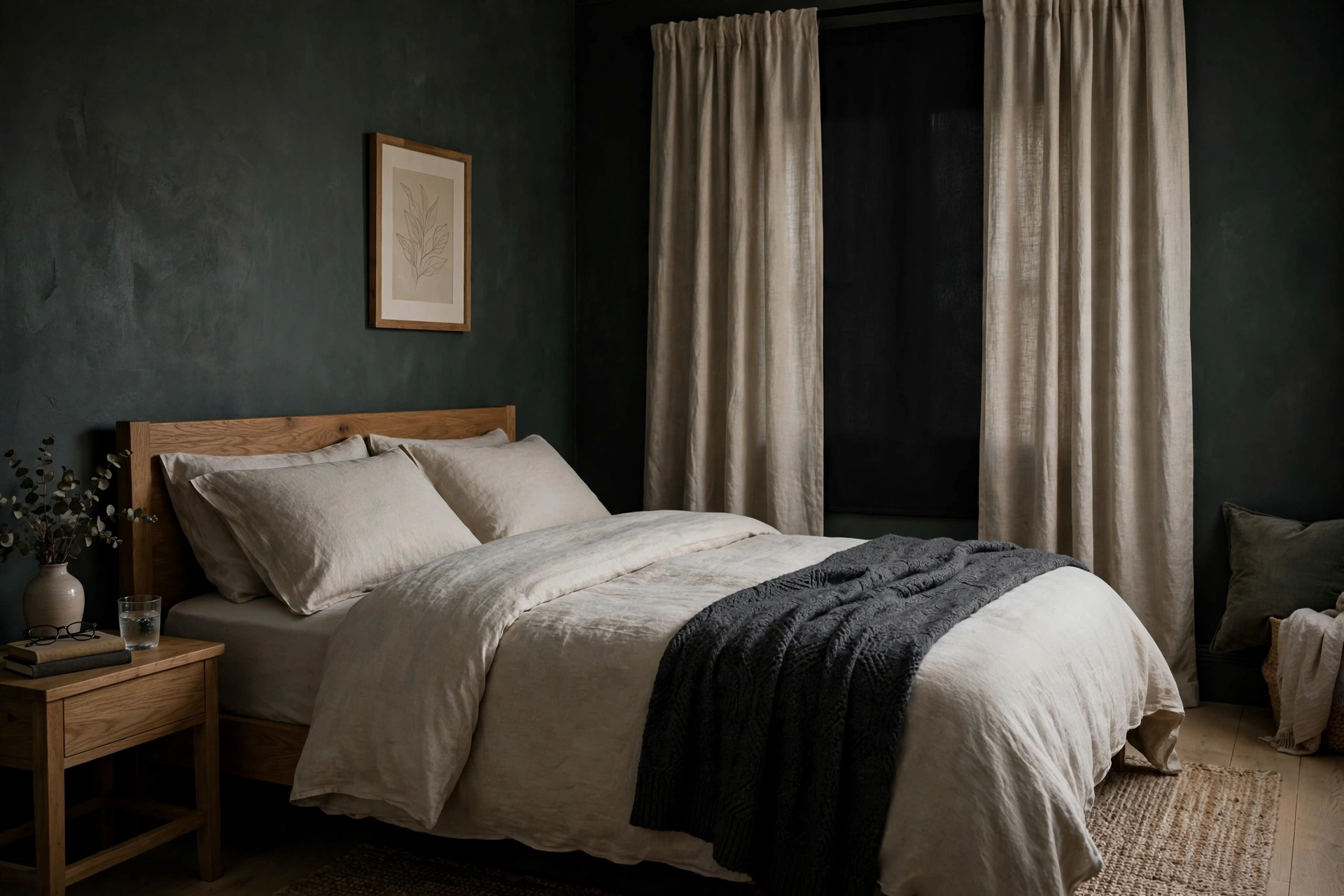 Restful bedroom with blackout curtains creating a dark, sleep-friendly environment