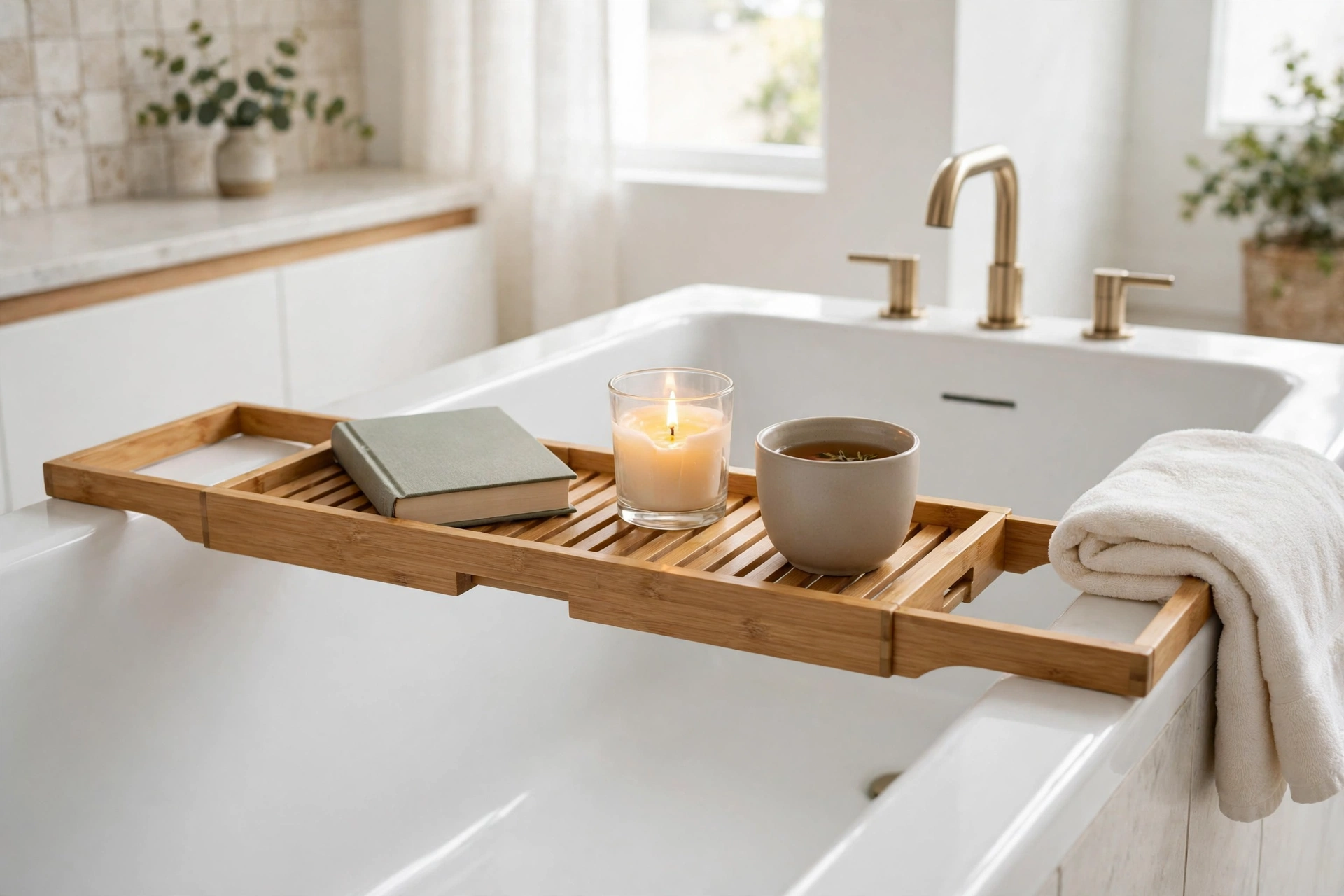 Bamboo bath caddy tray across a bathtub holding a book, candle and bath essentials