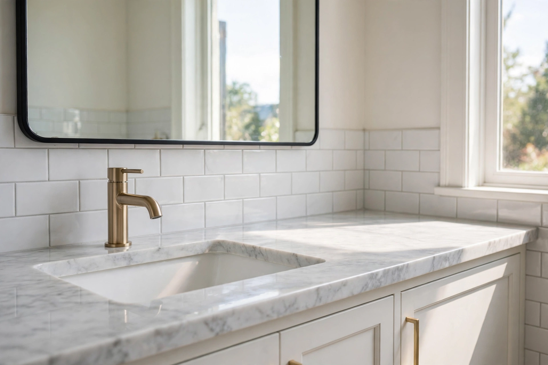 Bathroom counter completely cleared of all items