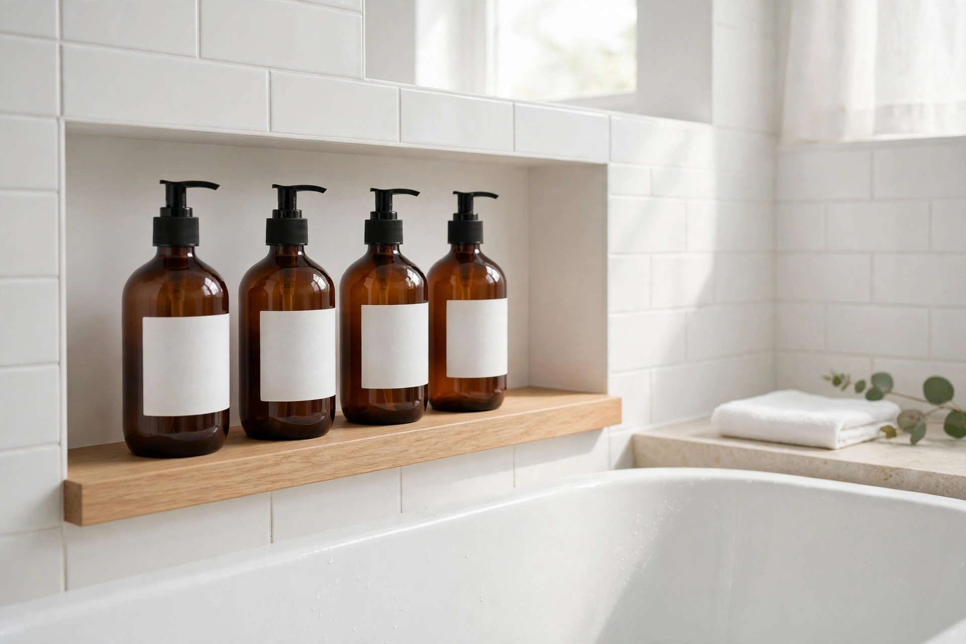 Matching amber refillable bottles with labels on a bathtub ledge