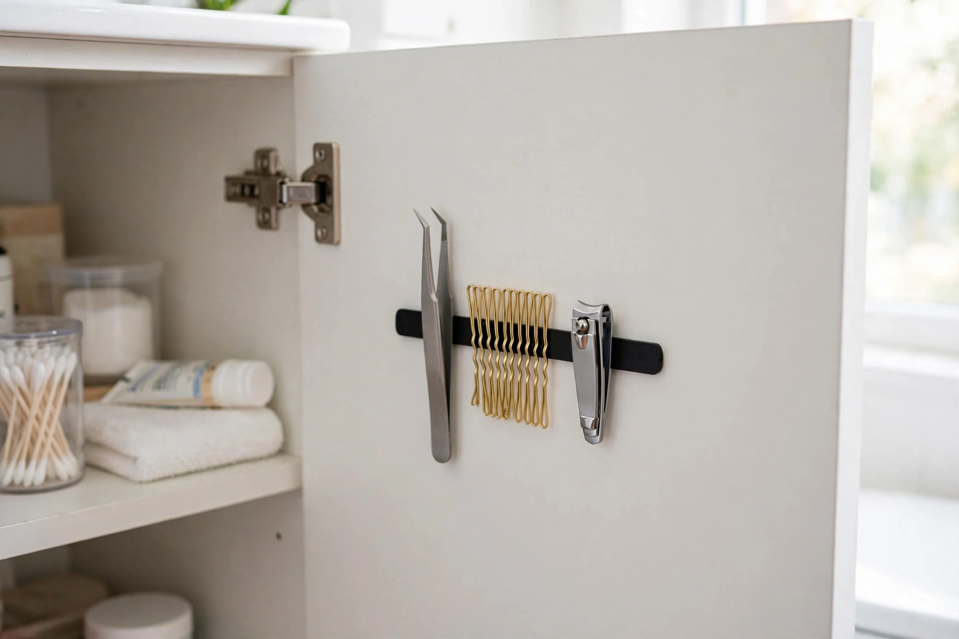 Magnetic strip inside a bathroom cabinet holding tweezers and pins