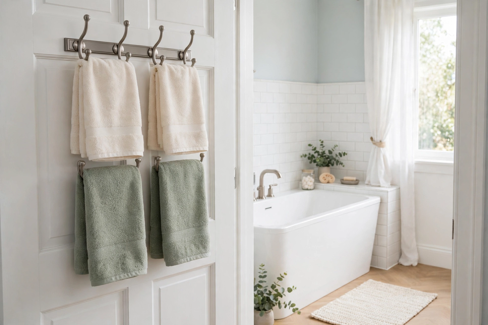 Over-door towel hooks on a bathroom door holding neatly folded towels