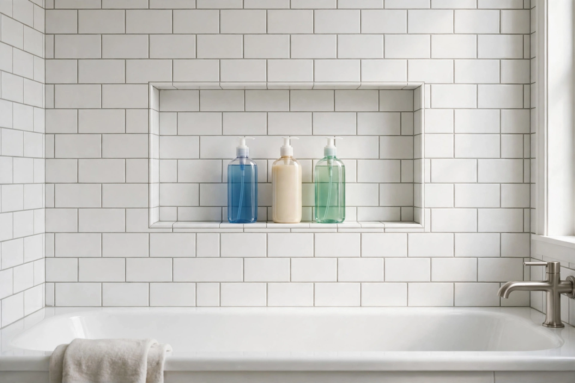 Recessed tiled niche in the wall above a bathtub holding bottles neatly