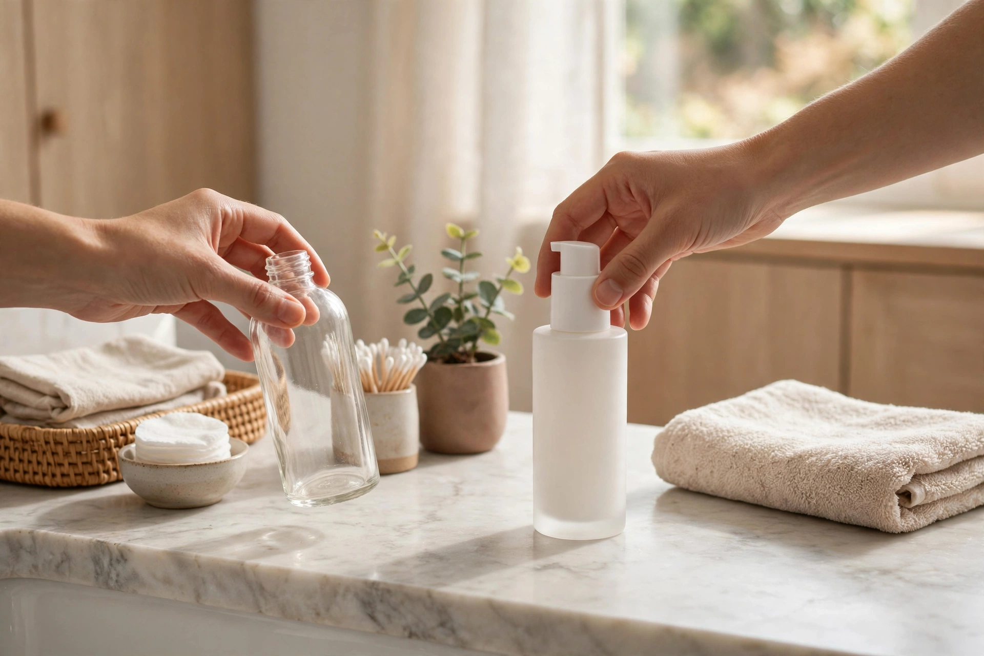 Hand removing an old product from a bathroom counter as a new one arrives