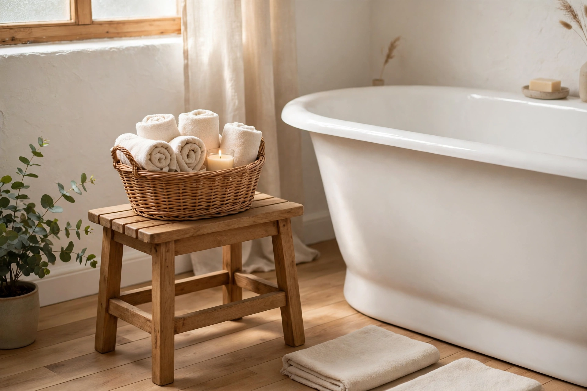 Wicker basket on a wooden bath stool beside a bathtub holding rolled towels