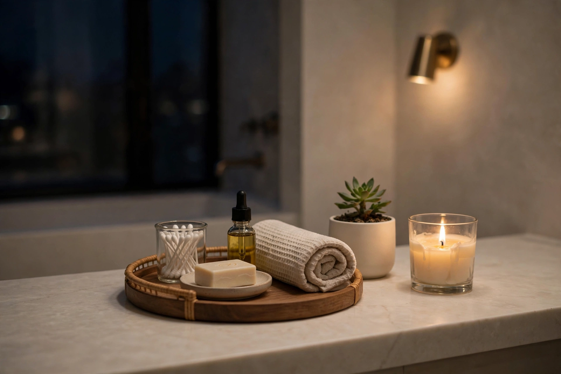 Serene clutter-free bathroom counter after a nightly reset