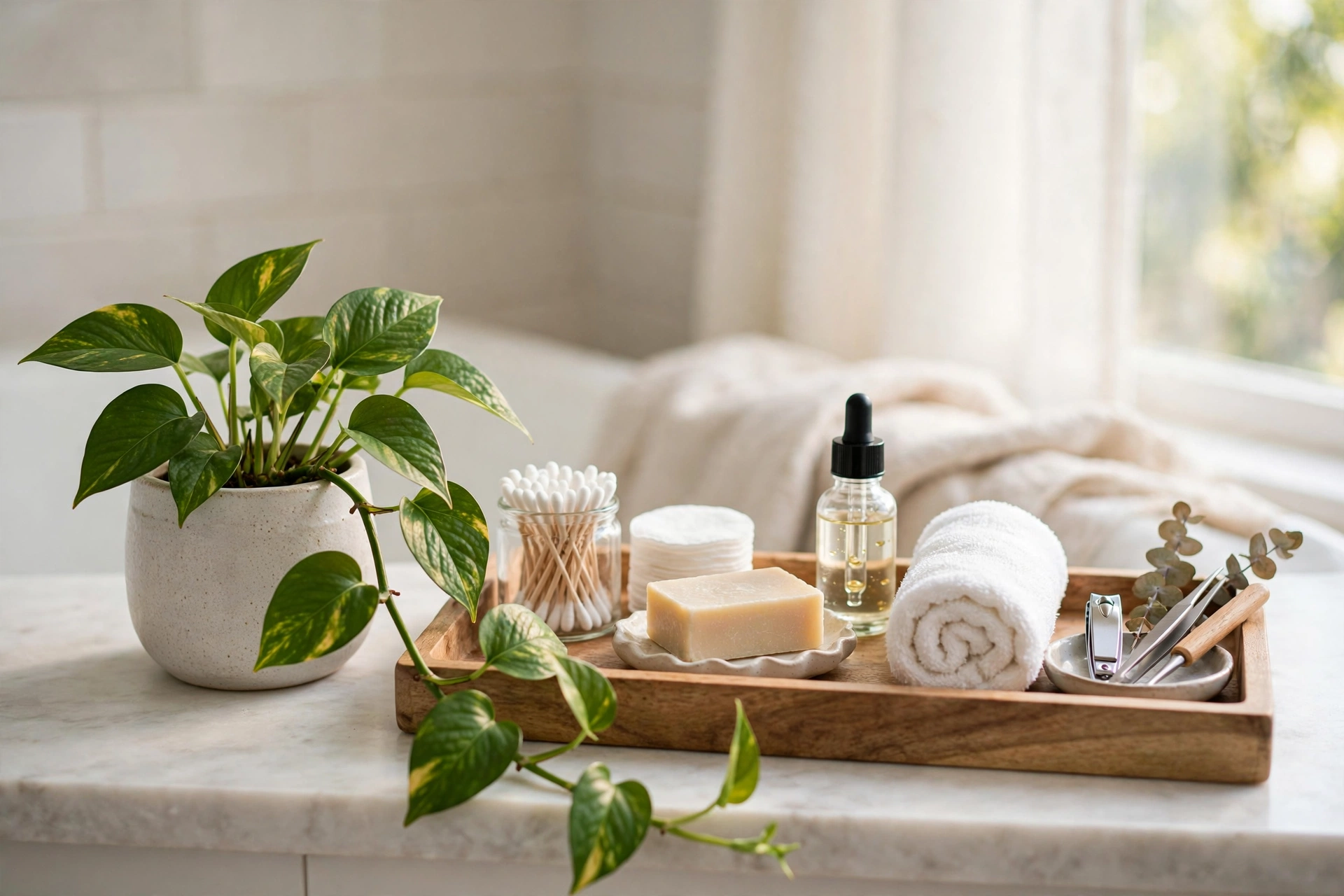 Small green plant on an organised bathroom counter adding spa calm