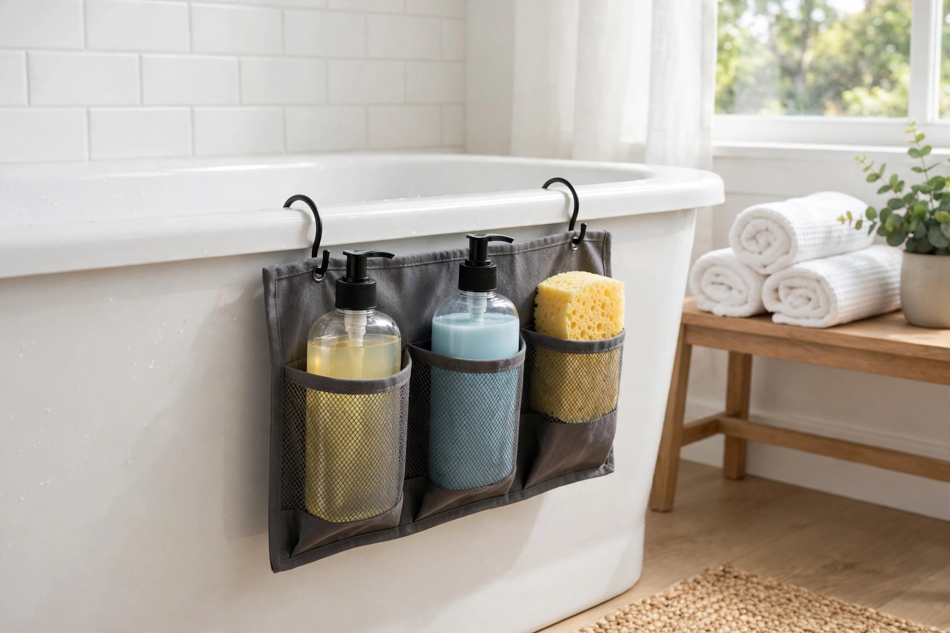 Over-the-tub hanging caddy with pockets holding shampoo and bath products