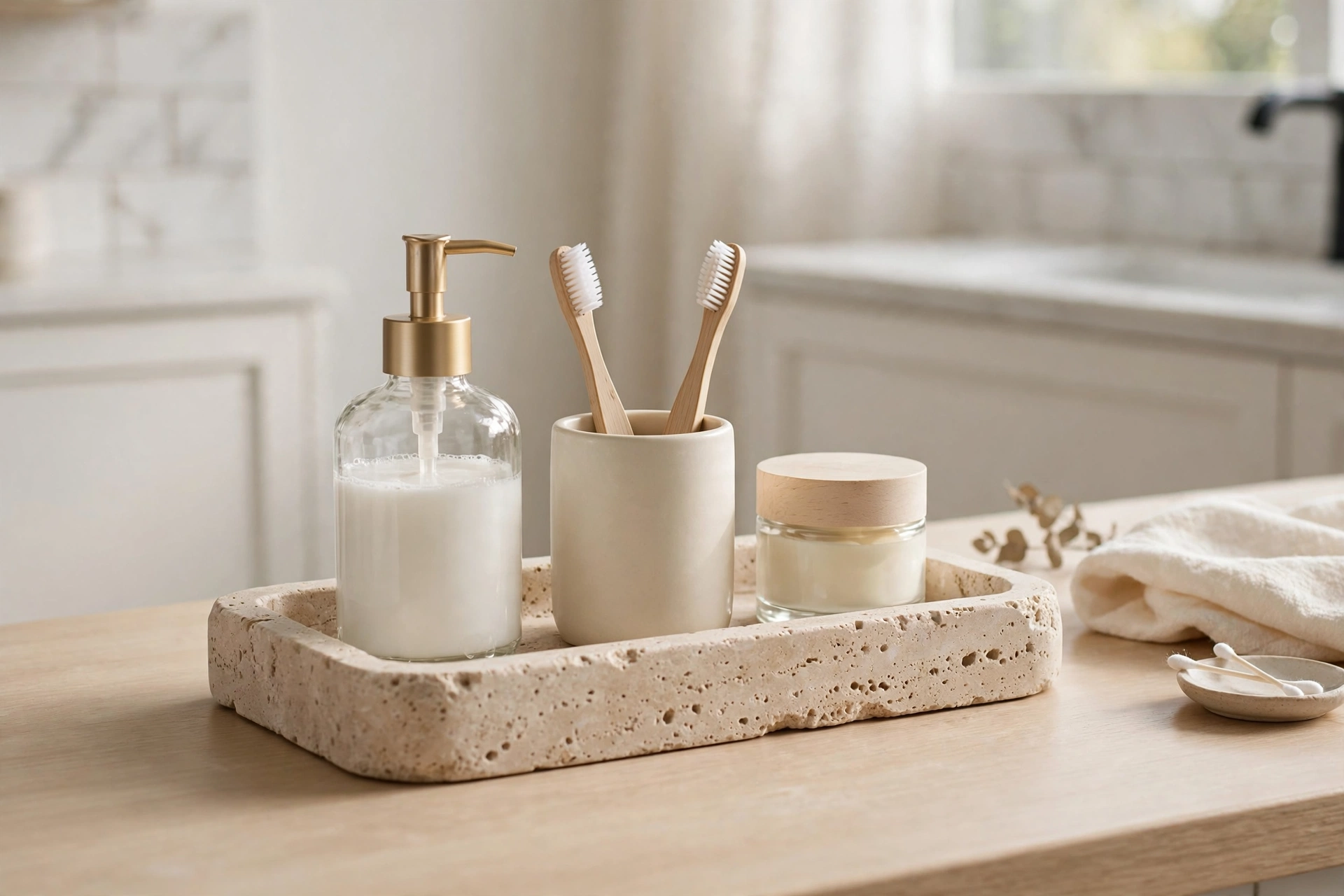 Decorative tray on a bathroom counter holding daily essentials