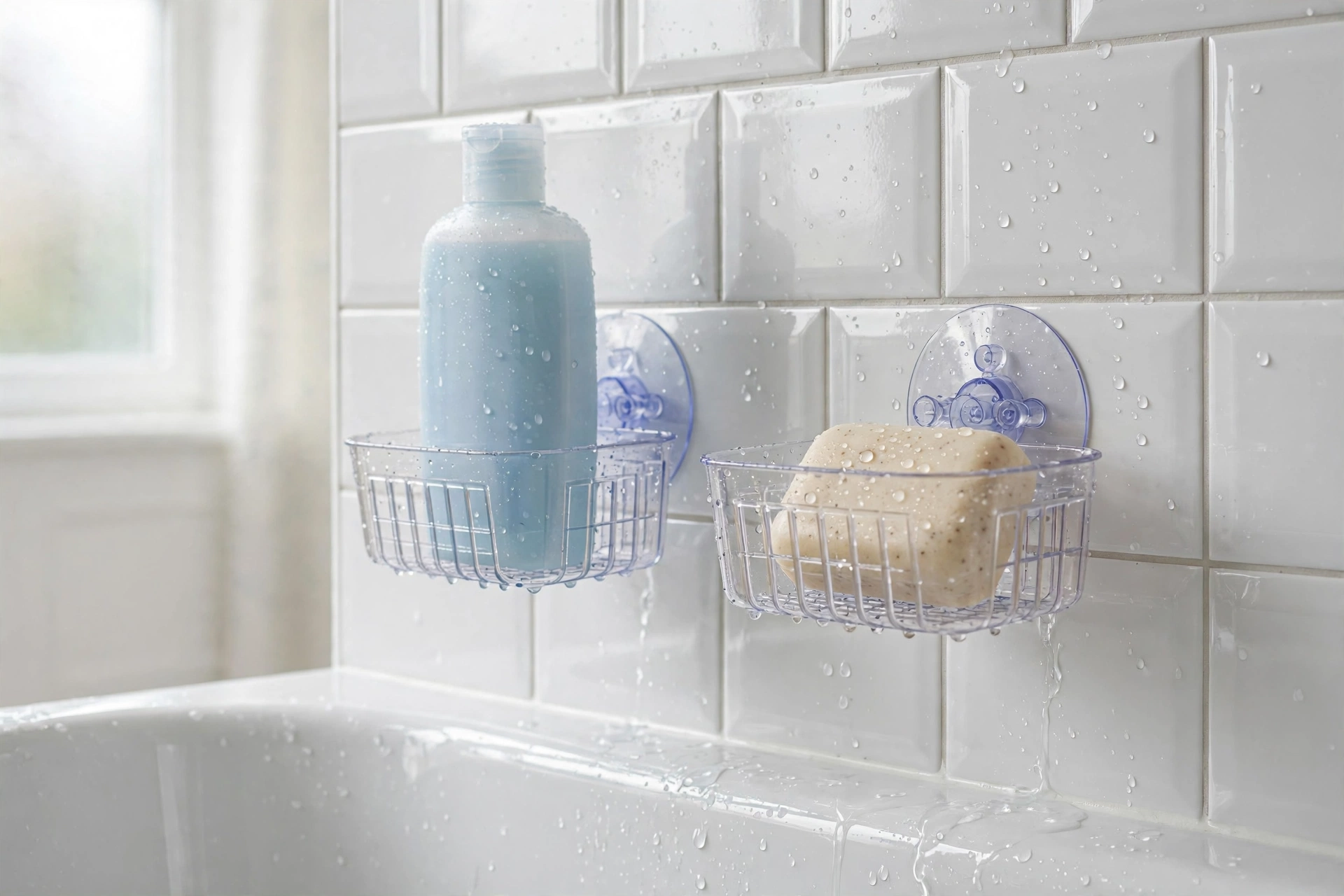 Suction-cup baskets on bathtub wall tiles holding bath toys and bottles