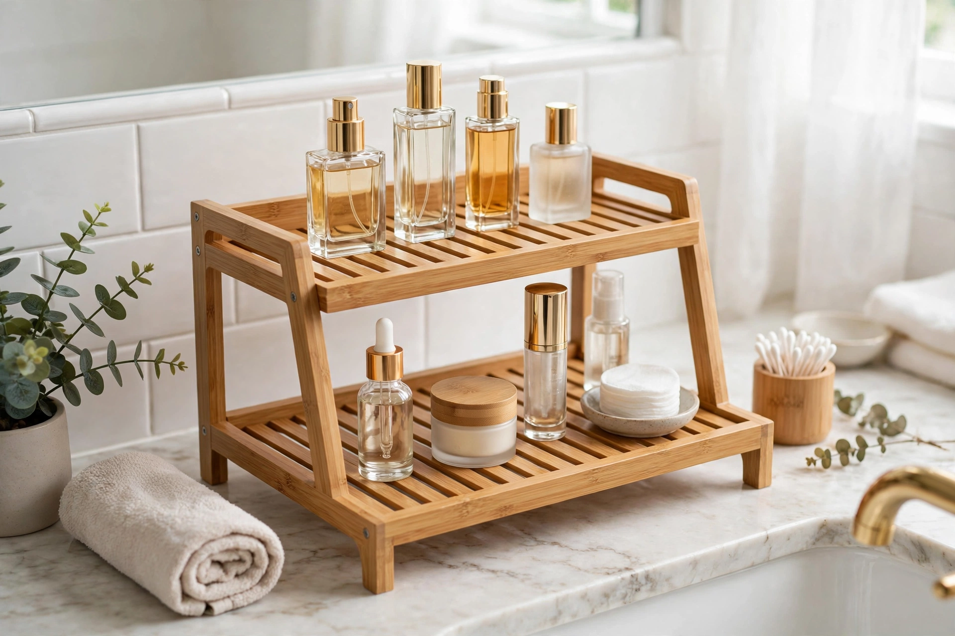 Tiered riser on a bathroom counter doubling vertical storage space