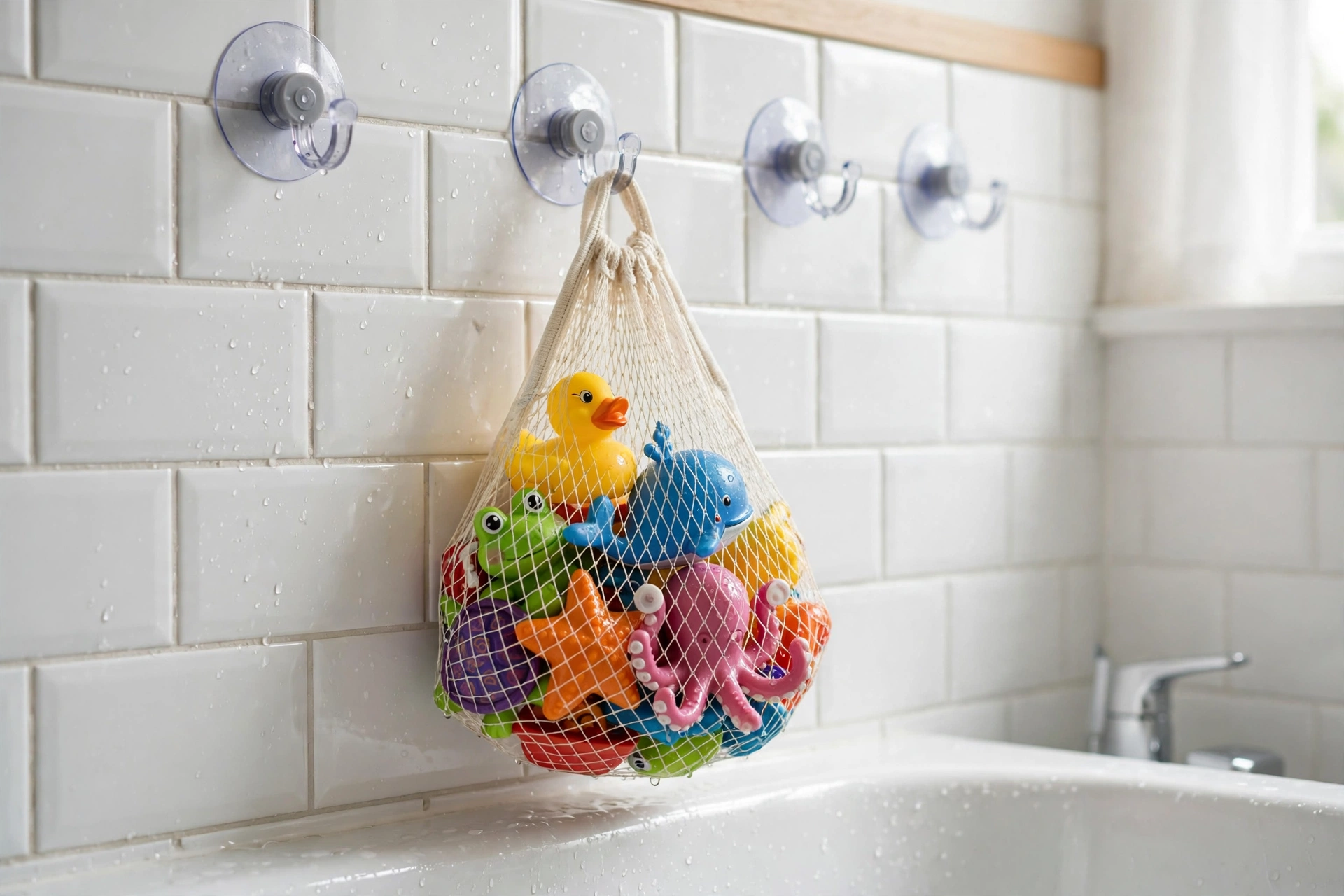 Mesh toy net hanging by suction cups holding colourful bath toys above a bathtub
