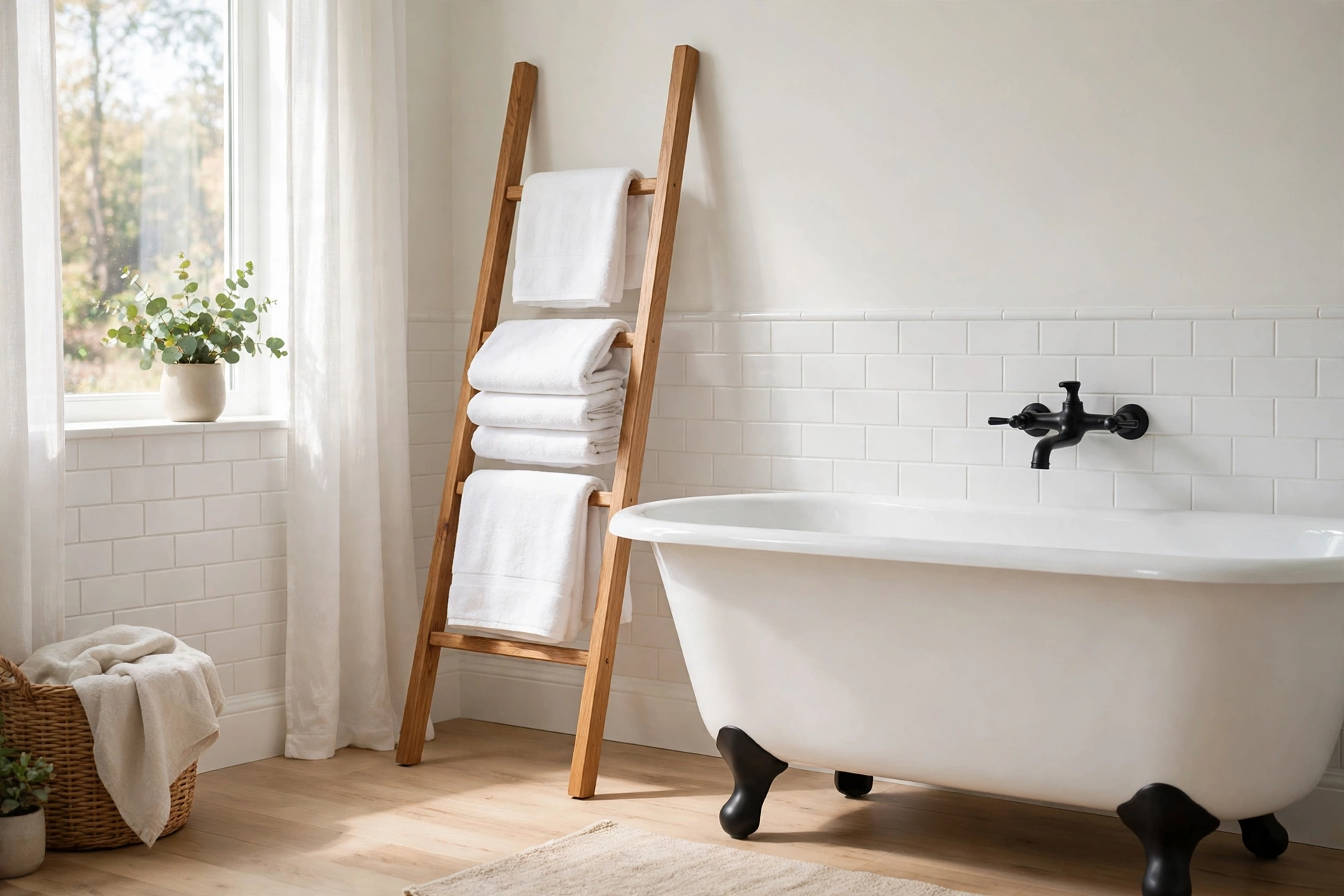 Freestanding wooden towel ladder beside a bathtub holding folded towels