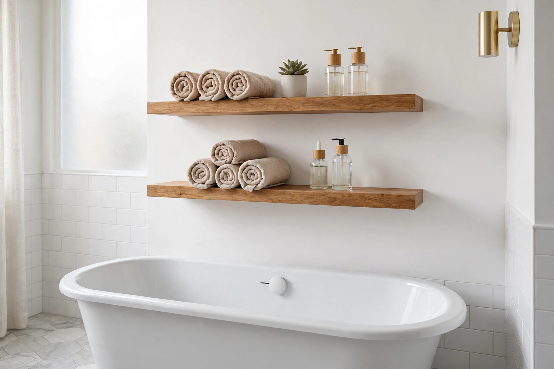 Wooden floating shelves above a bathtub holding jars, bottles and a plant
