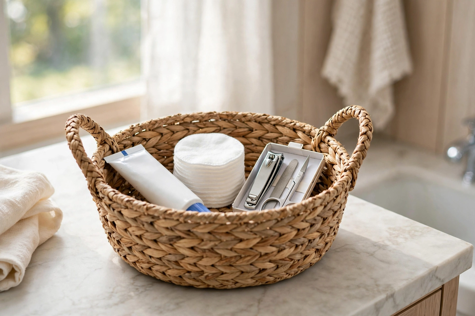 Woven basket on a bathroom counter holding shared toiletries