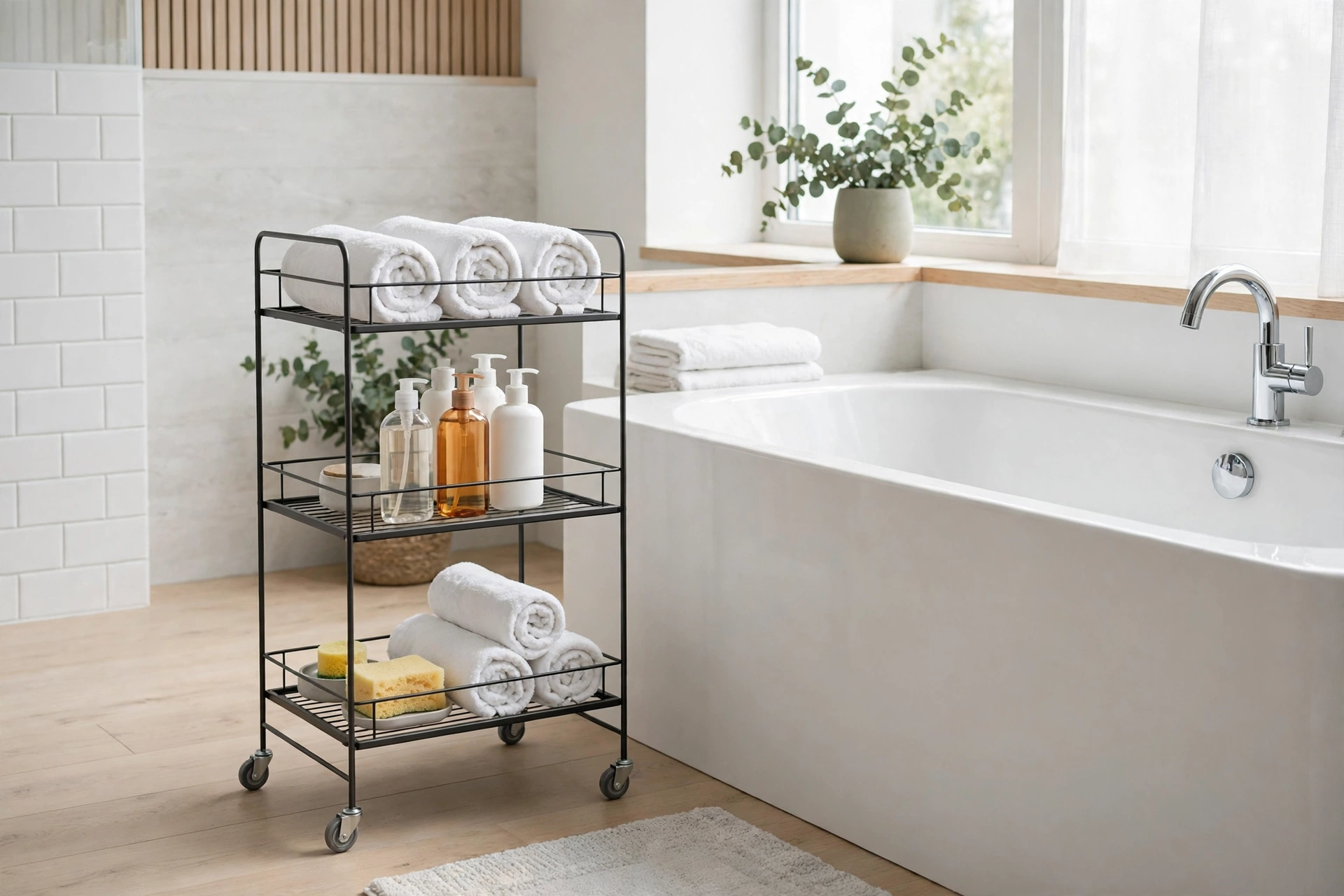 Slim rolling cart beside a bathtub with tiers of bath products and towels