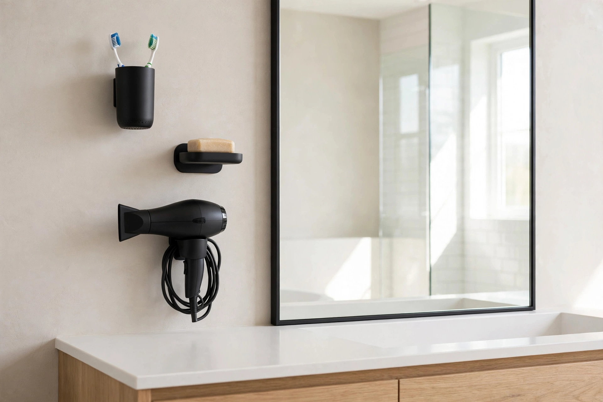 Wall-mounted holders freeing up bathroom counter space
