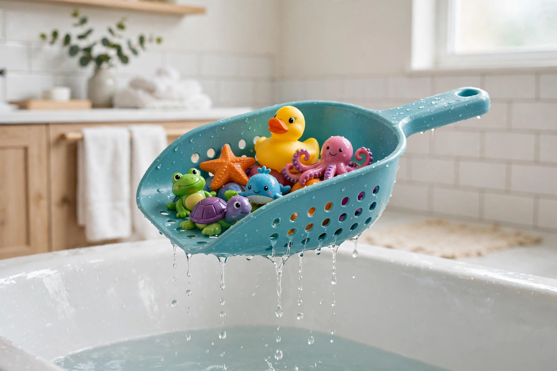 Toy scoop with drainage holes gathering bath toys from a bathtub