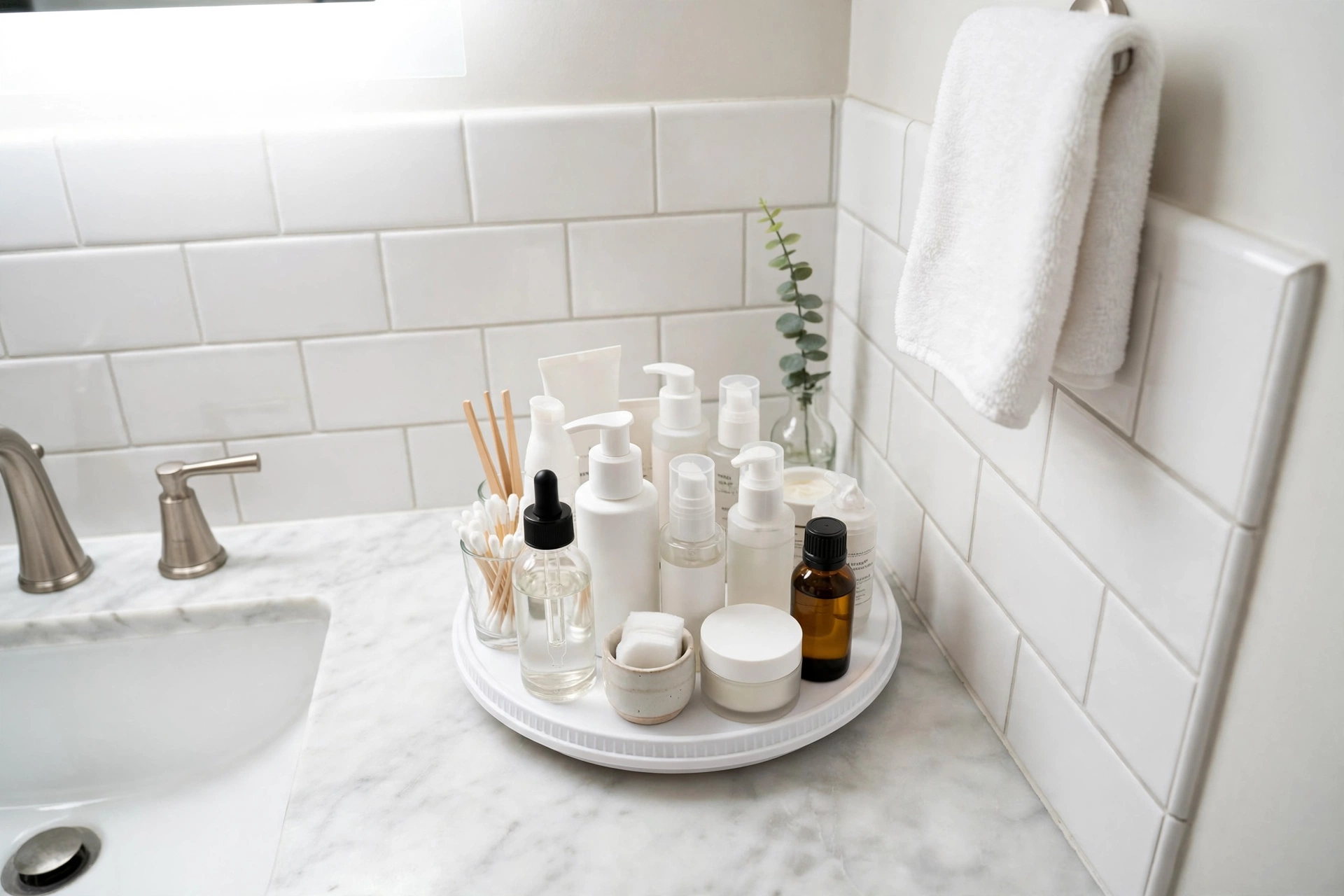Lazy Susan turntable organising bottles in a bathroom corner