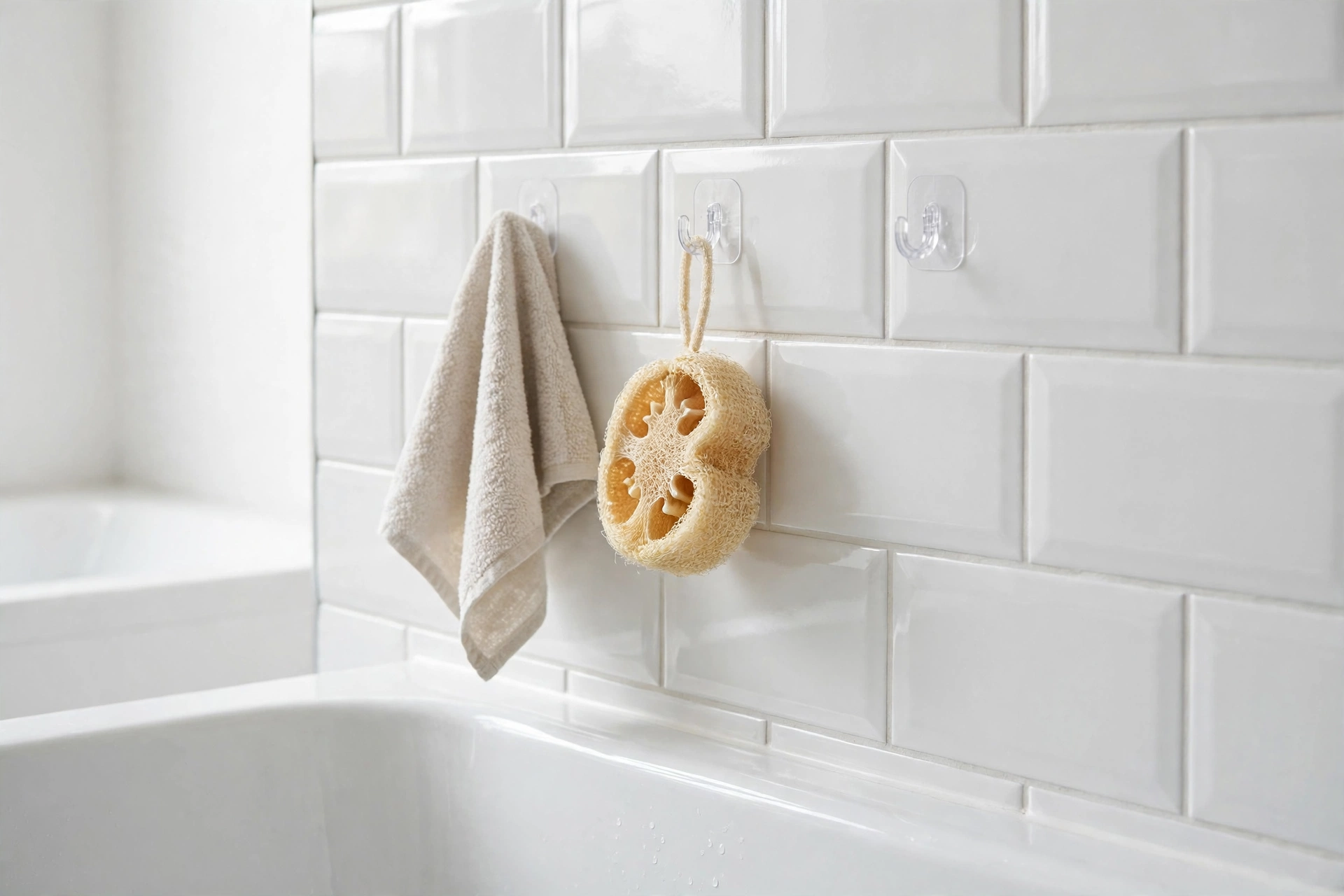 Adhesive hooks on bathroom tiles holding a sponge, brush and washcloth near a bathtub