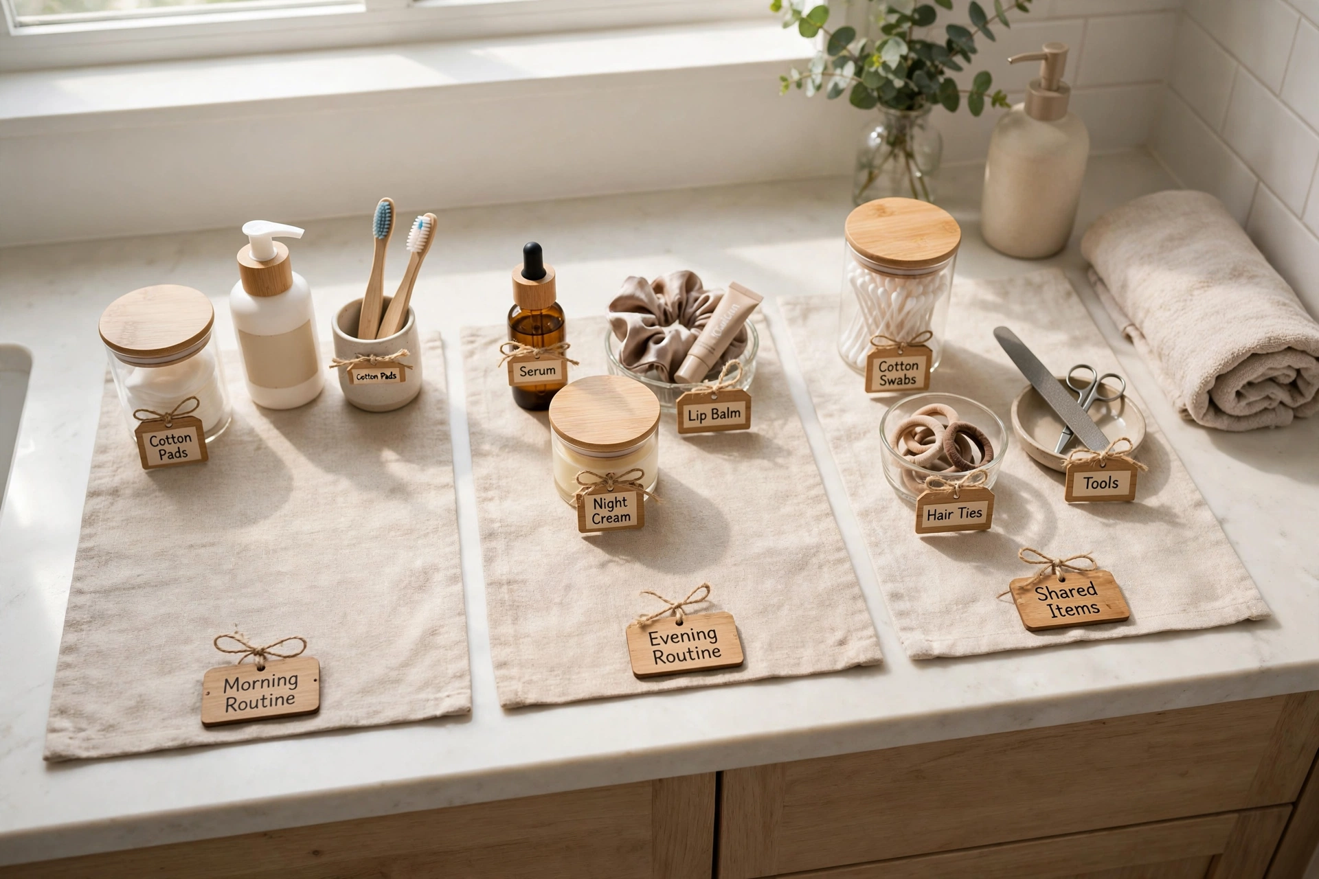 Labelled zones on a bathroom counter with small containers