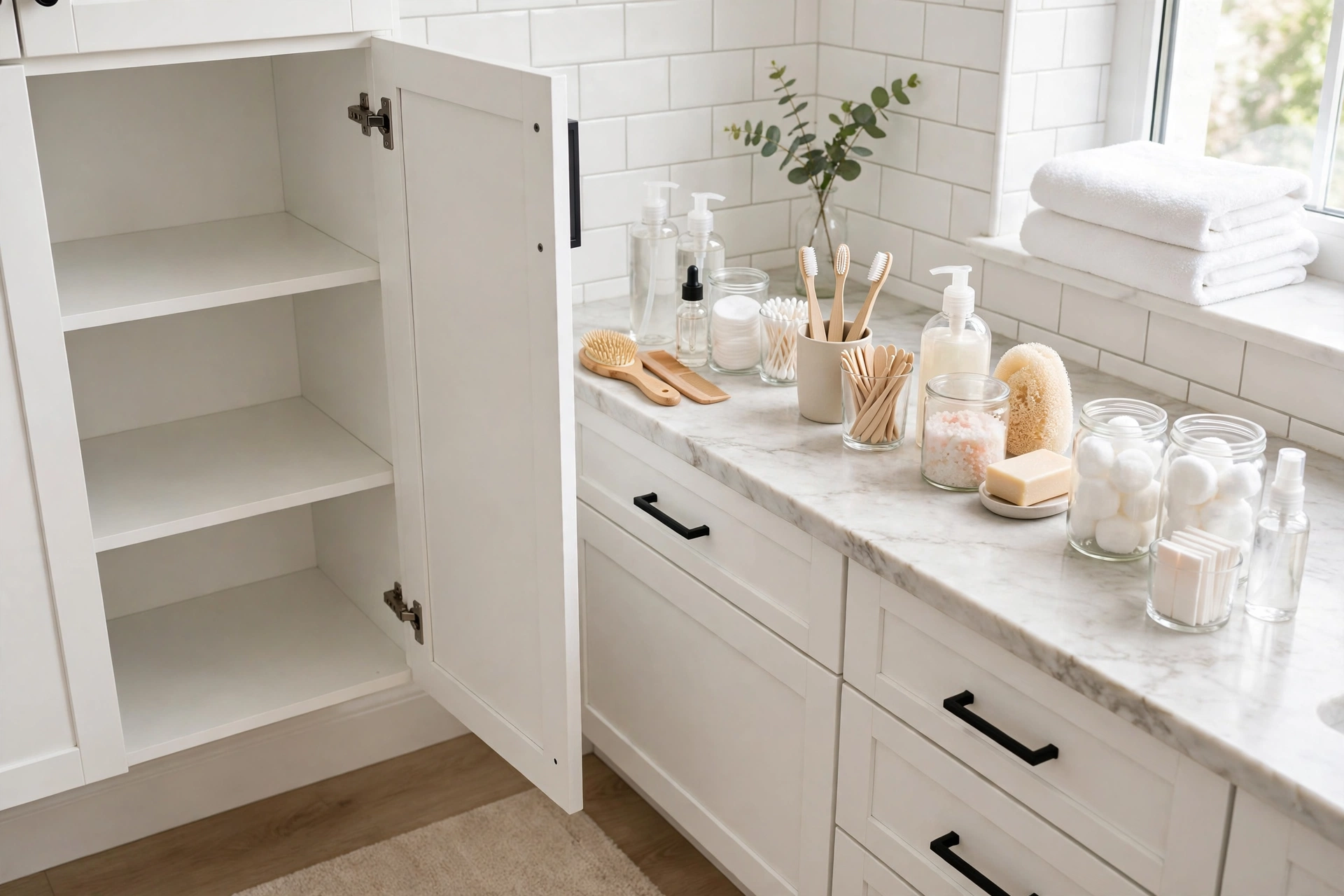 Bathroom cabinet emptied with toiletries sorted into categories