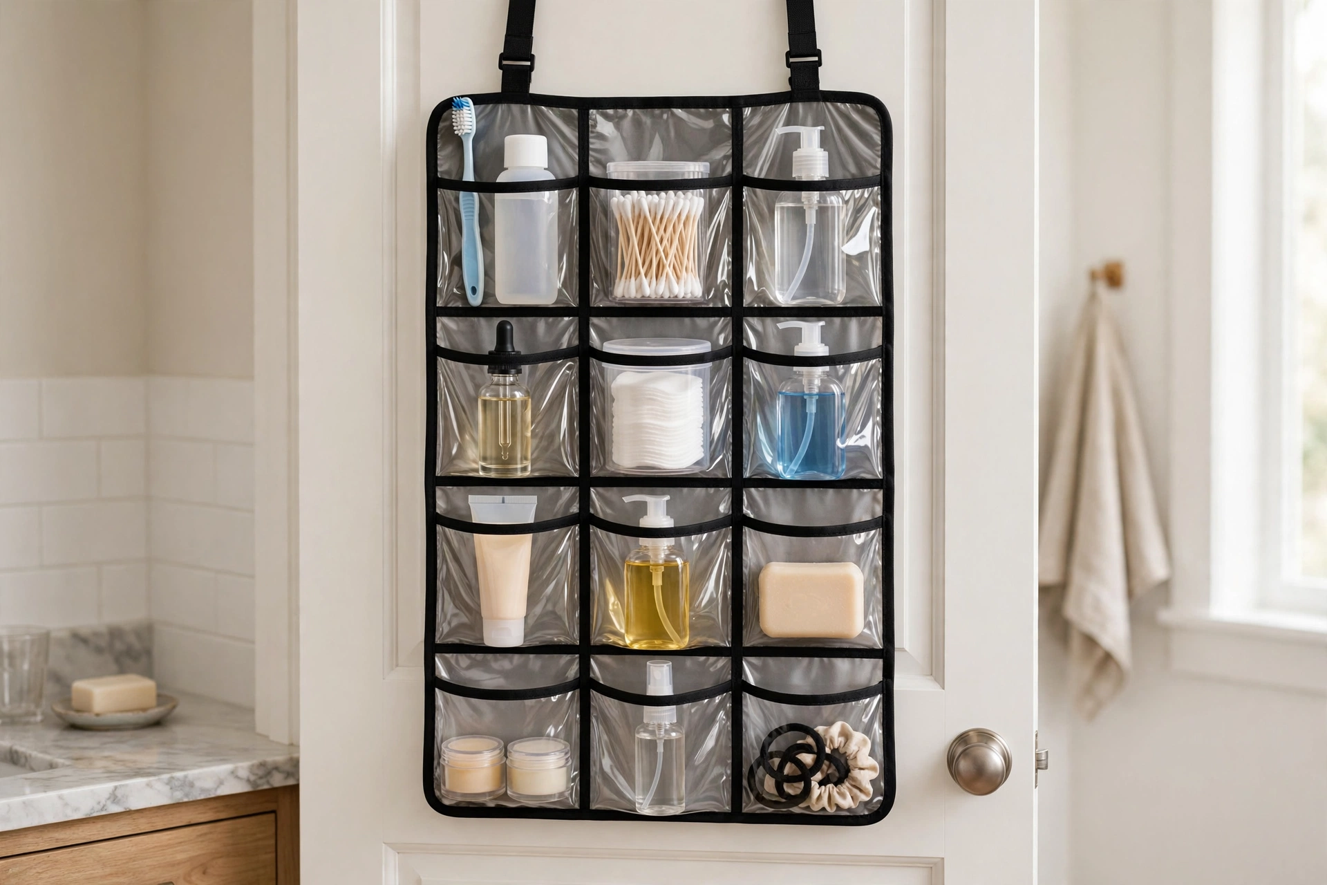 Over-door organiser on a bathroom cabinet holding toiletries