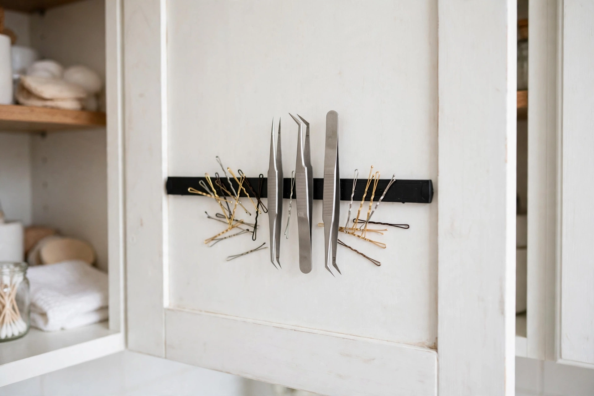 Magnetic strip inside a bathroom cabinet door holding tweezers