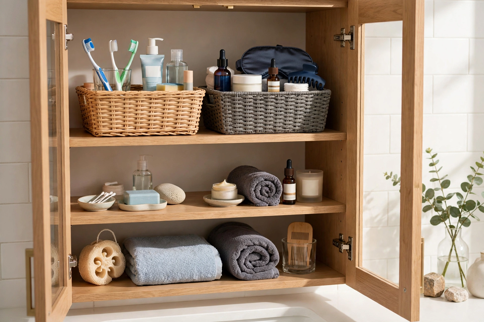 Bathroom cabinet zoned by person with labelled baskets