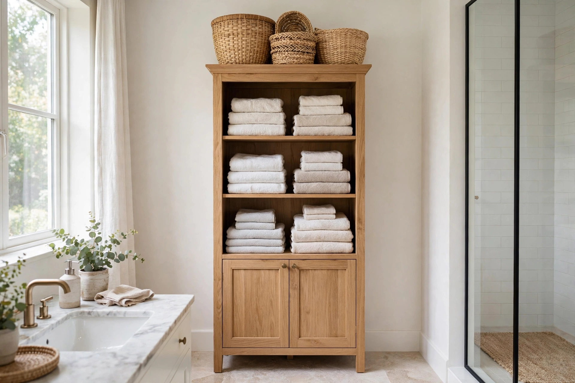 Decorative baskets stored on top of a bathroom cabinet