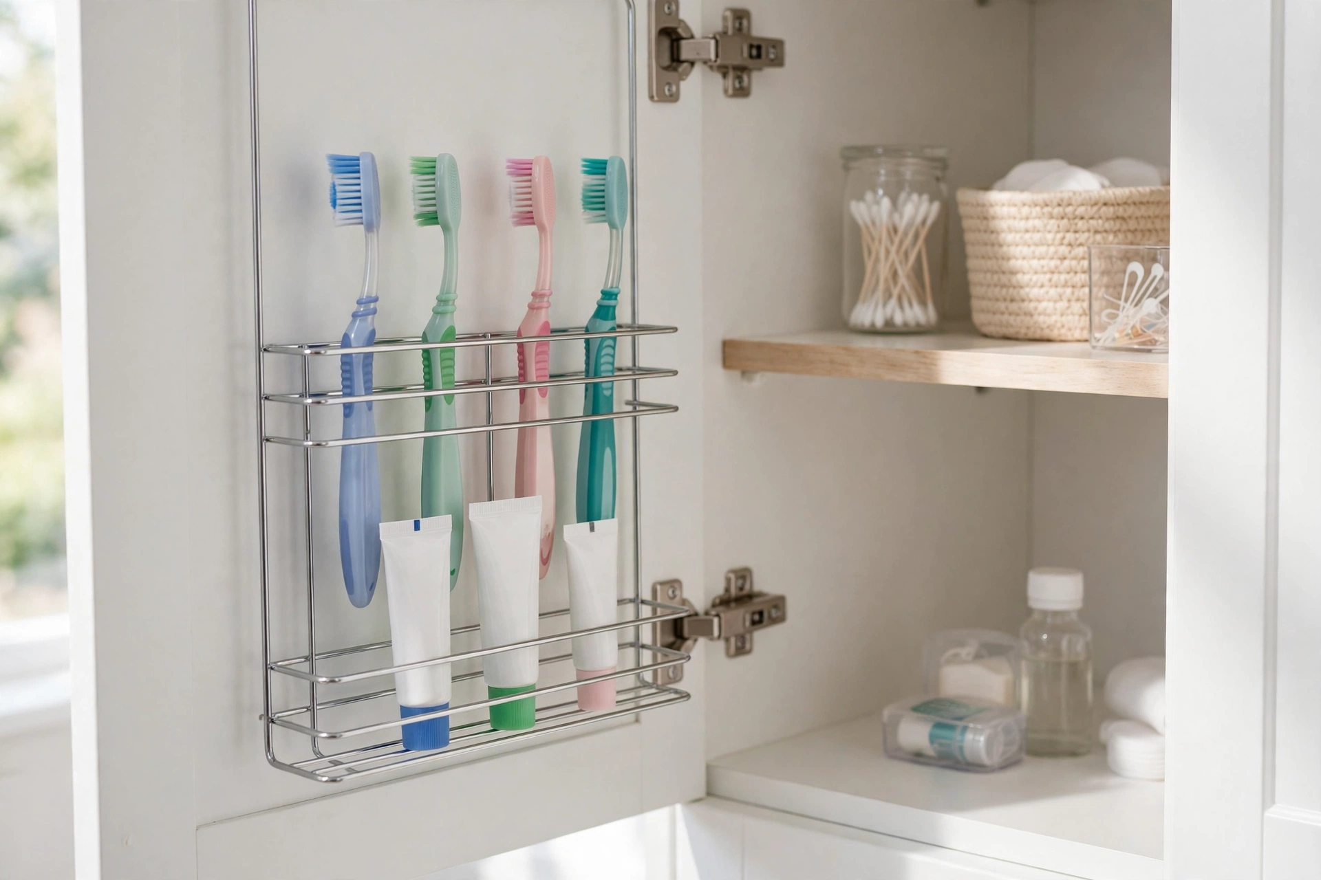 Door-mounted rack on the inside of a bathroom cabinet door