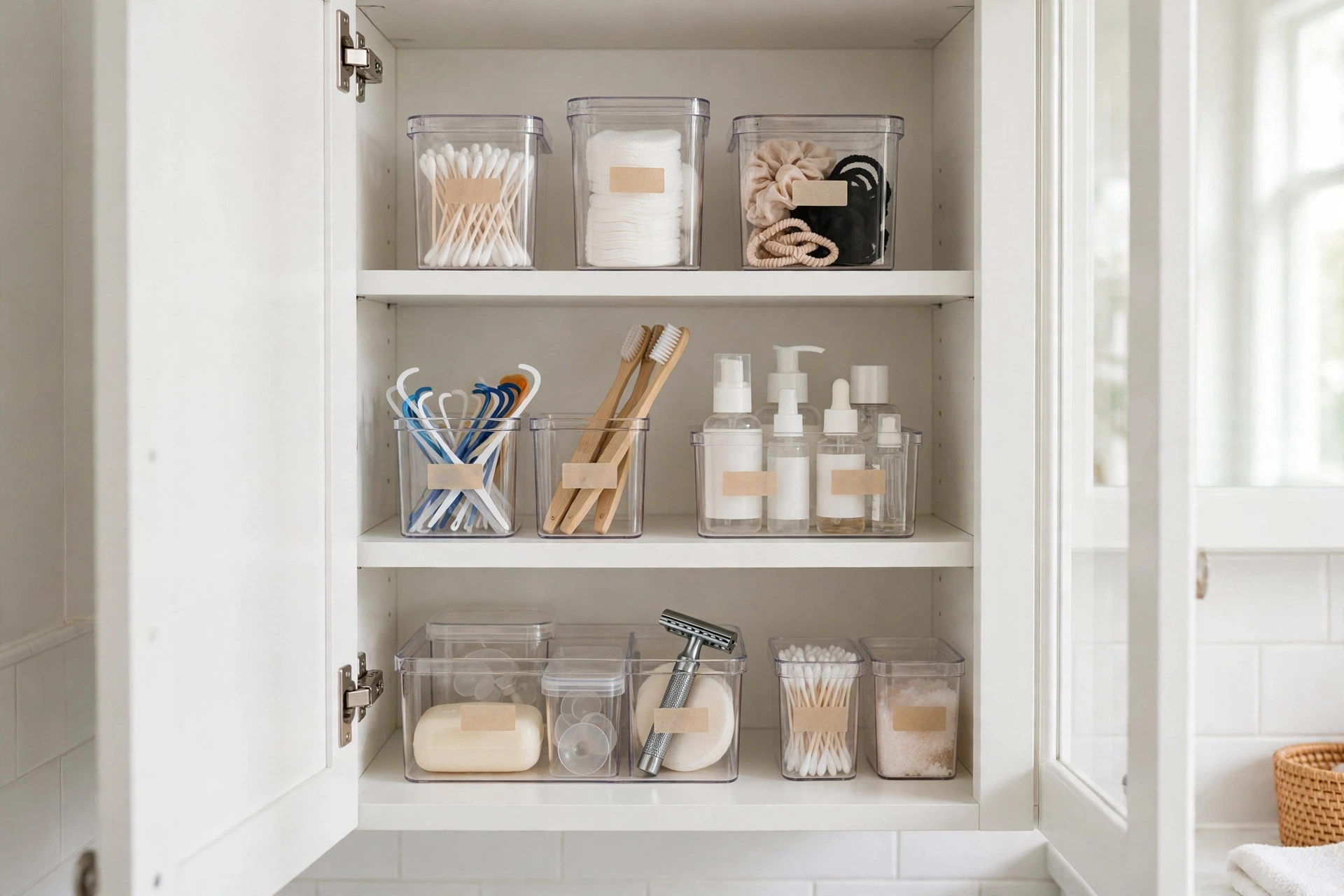 Clear labelled containers inside an organised bathroom cabinet