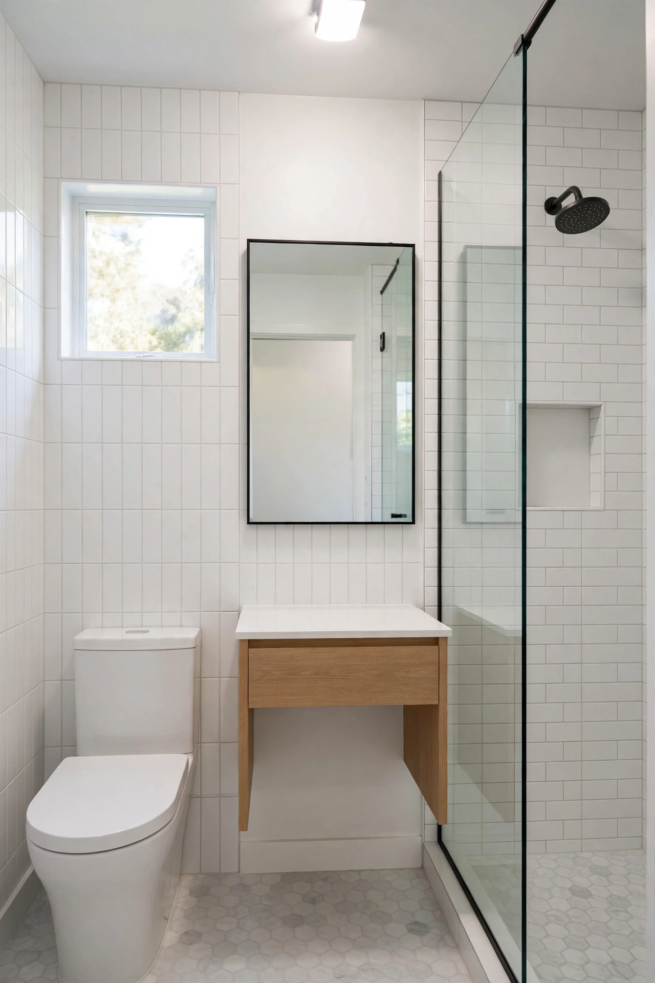 Spotless decluttered small bathroom with clear surfaces