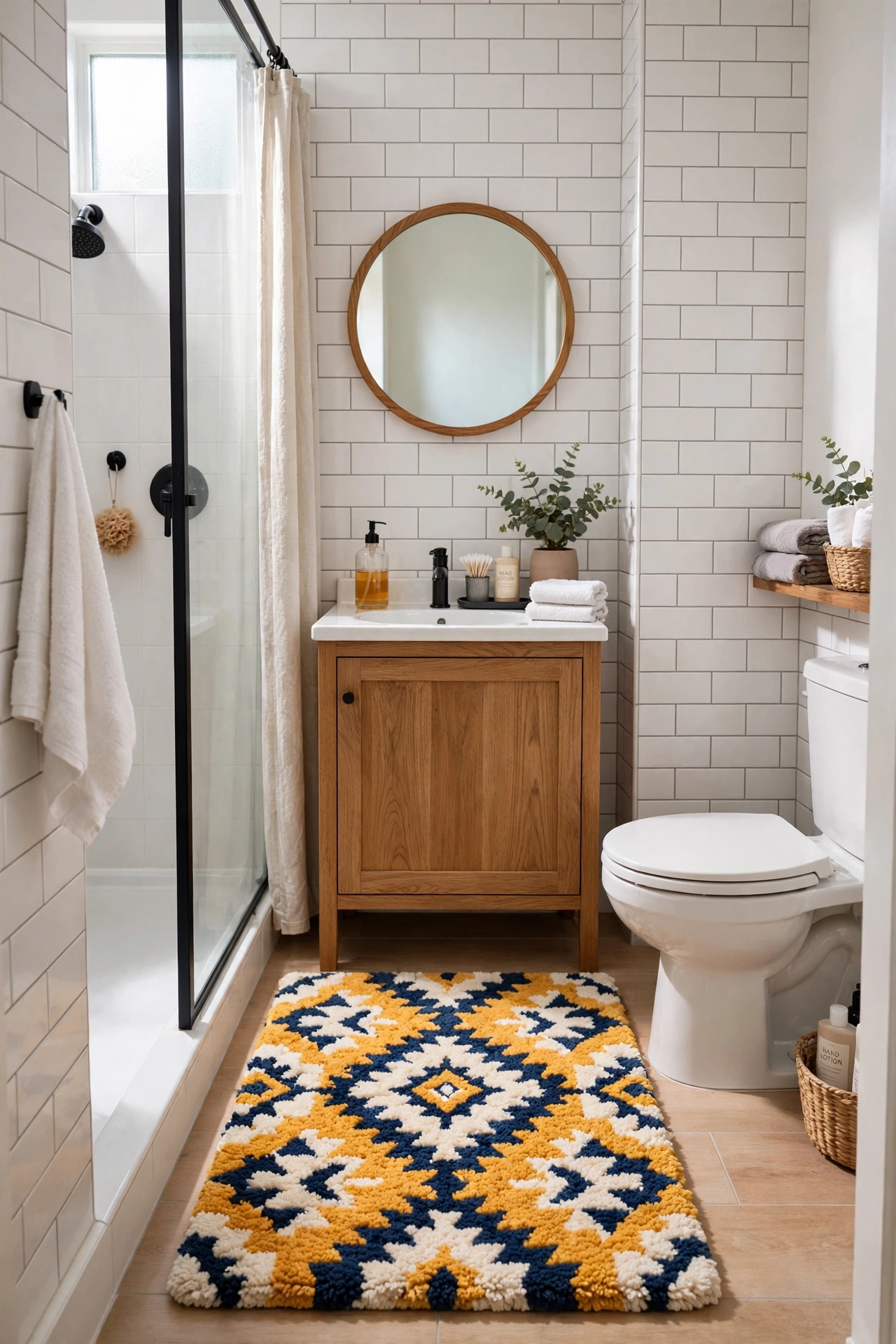 Small bathroom with plush patterned bath mat