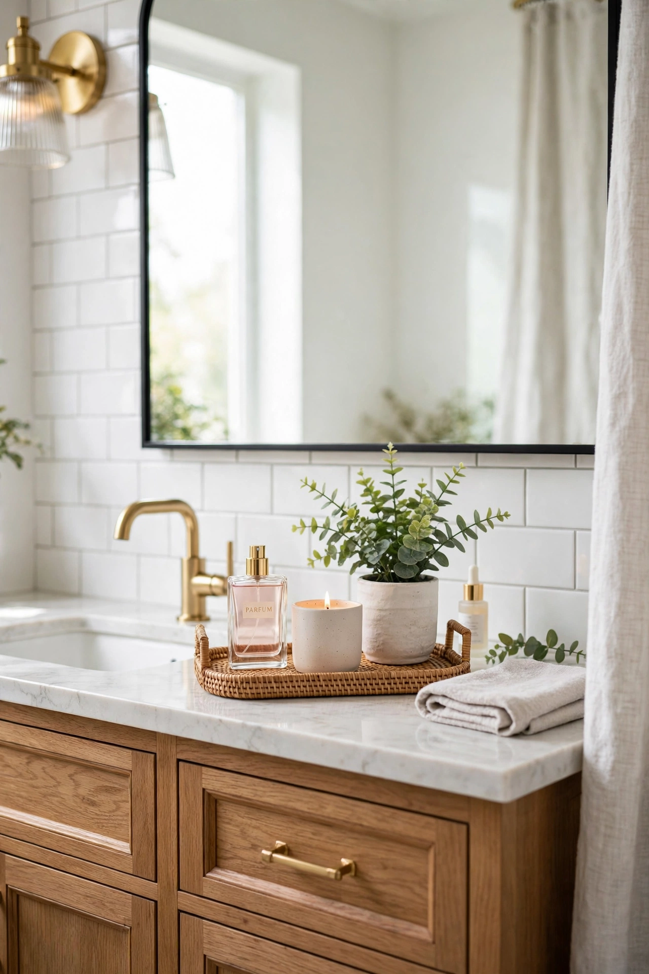 Bathroom vanity with a small styled tray