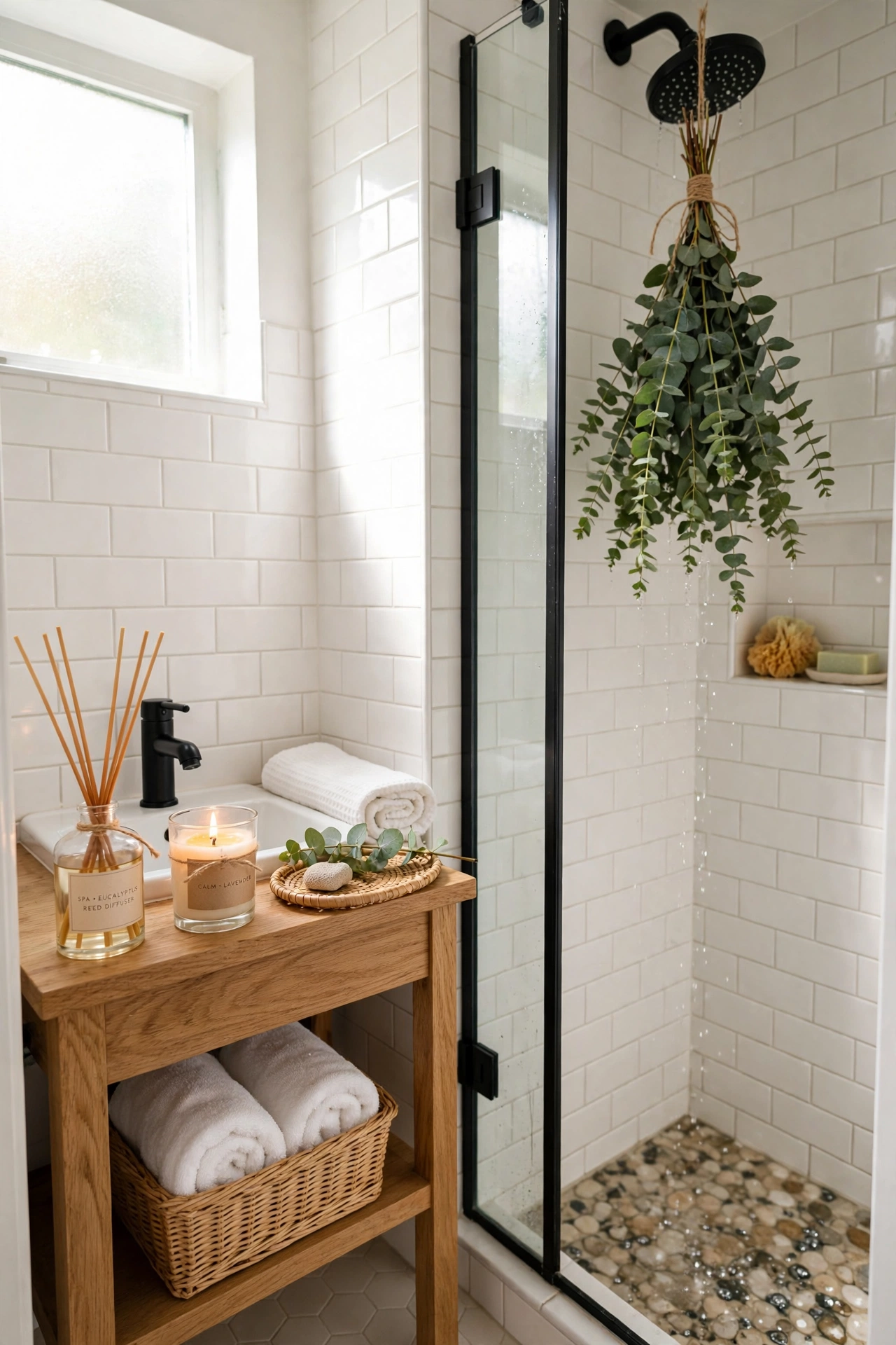 Small bathroom with reed diffuser and eucalyptus